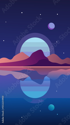 Serene minimalist landscape with mountains and reflection under a starry sky