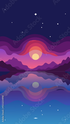Vibrant sunset over calm lake with layered mountains and starry sky reflection