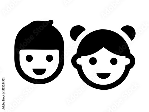 Happy Boy and Girl Icons, Perfect for Education or Children's Content. Simple, black and white icons of a happy boy and girl, ideal for educational resources, children's websites, or applications. 