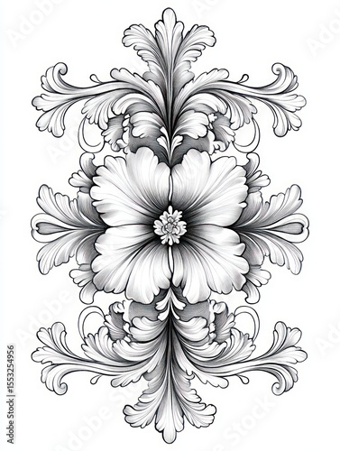 Intricate grayscale floral design featuring a central large flower surrounded by detailed symmetrical feathery leaves and ornate curling elements