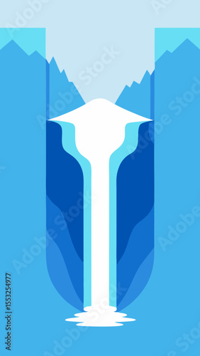 Stylized illustration of a cascading waterfall flowing down a cliff face with mountains