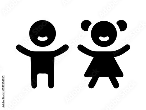 Happy Boy and Girl Icons, Perfect for Education or Children's Content. Simple, black and white icons of a happy boy and girl, ideal for educational resources, children's websites, or applications. 