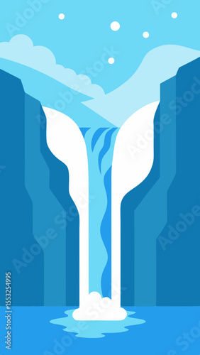 Stylized illustration of a majestic waterfall cascading down a rocky canyon into a pool below