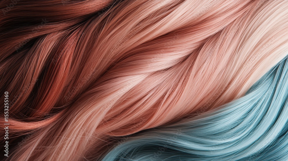 Naklejka premium An artistic arrangement of flowing hair strands in various shades of pink and blue creating a visually stunning and vibrant display full of texture and color.