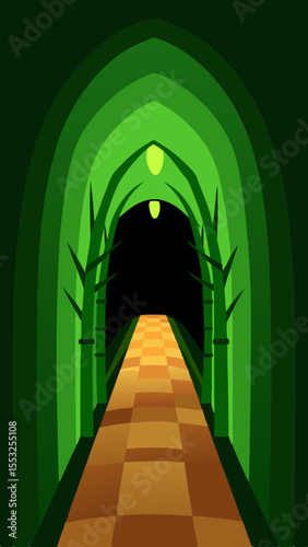 Mysterious green tunnel with glowing lights and a checkered path leading into darkness
