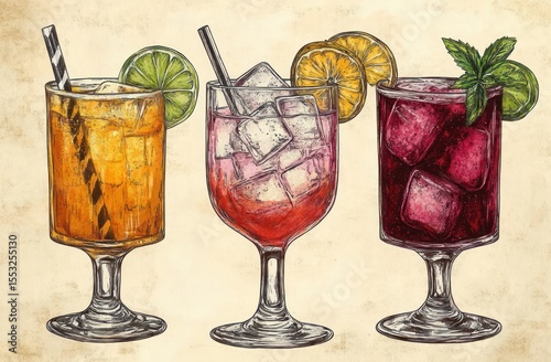 Three colorful cocktails with ice cubes garnished with citrus slices and a sprig of mint in detailed vintage style illustration