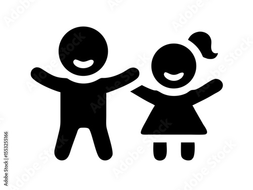 Happy Boy and Girl Icons, Perfect for Education or Children's Content. Simple, black and white icons of a happy boy and girl, ideal for educational resources, children's websites, or applications. 