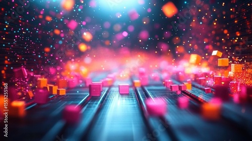 Abstract digital landscape with glowing pink and orange cubes floating above a grid with bright scattered light particles creating a futuristic and dynamic atmosphere