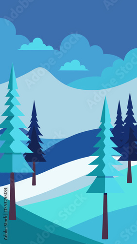 Stylized winter landscape with geometric trees and rolling hills in blue tones