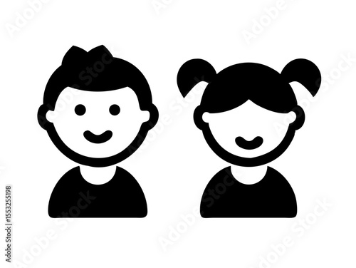 Happy Boy and Girl Icons, Perfect for Education or Children's Content. Simple, black and white icons of a happy boy and girl, ideal for educational resources, children's websites, or applications. 