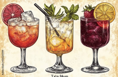 Three colorful iced cocktails garnished with fruit slices and fresh herbs in decorative glasses on a textured background