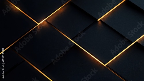 abstract geometric pattern of overlapping black panels with glowing orange lines creating a modern high-tech visual effect
