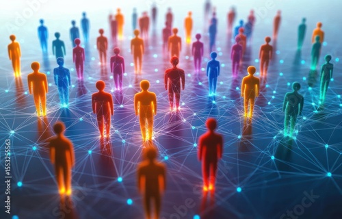 Colorful silhouettes of human figures standing on interconnected glowing nodes representing a digital network and social connection