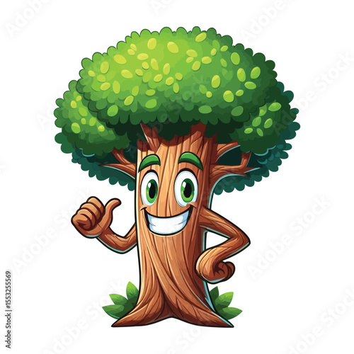 illustration cartoon of a funny cartoon tree, personified and very cute style, . A tree with a smiling face and a human-like posture