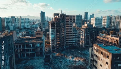 A city with a lot of buildings and a lot of trash photo