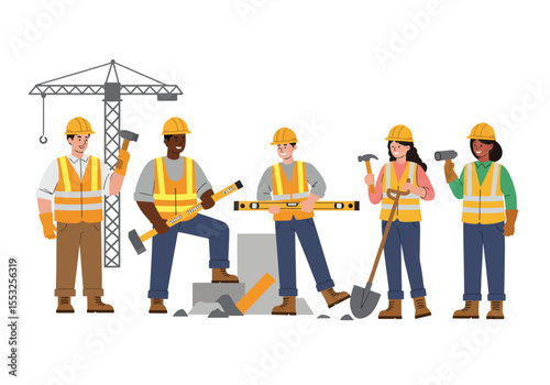 Construction workers in safety gear with tools near a crane
