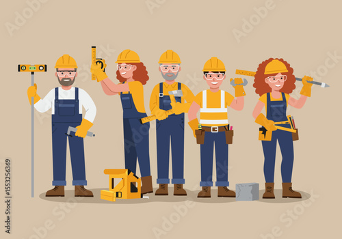 Five construction workers in helmets hold tools standing in a row