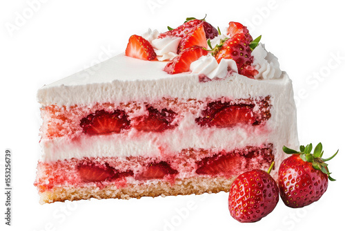 Delicious strawberry cake slice with cream and fresh strawberries dessert food photography sweet isolated on transparent background