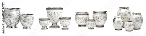 Collection of Decorative Floral Planters: Silver Accents on White Background