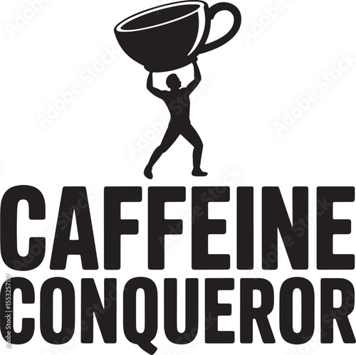 Black silhouette man holding coffee cup above head with text vector