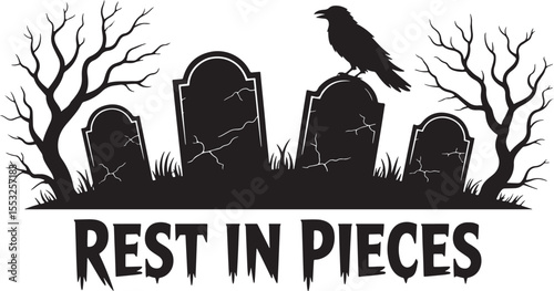 Black silhouette of a crow on a tombstone with cracked texture raven bird