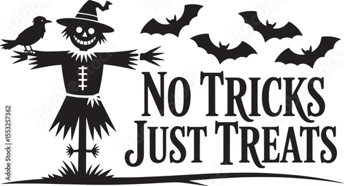 Black silhouette of a scarecrow with a bird and bats and text halloween