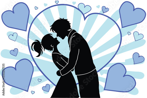 Romantic couple embracing in silhouette against a vibrant heart shaped background