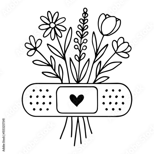 Floral bouquet growing from cute band-aid with heart, black and white minimal vector line art symbolizing healing and tenderness

