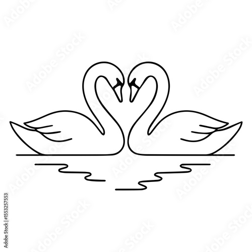Minimalist line art of two swans forming a heart with their necks, elegant black and white drawing on water