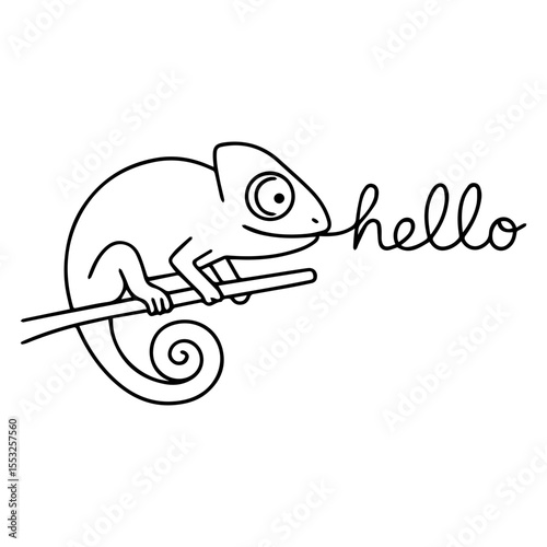 Cute chameleon on branch with tongue writing "hello", playful minimal line art in black and white style