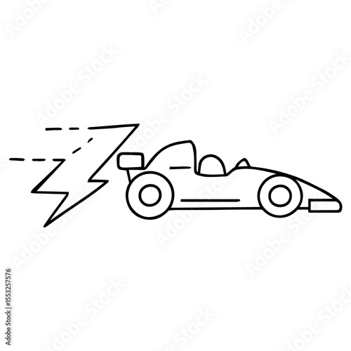 Black and white line drawing of a race car with lightning bolt, minimalist vector style for speed and racing themes
