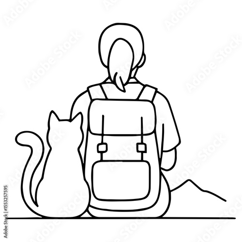 Black and white outline of girl with backpack sitting beside a cat, facing mountains, peaceful and minimal travel scene