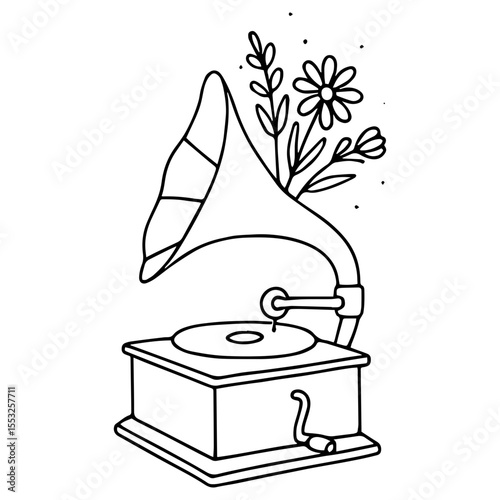 Vintage gramophone blooming with wildflowers — black and white vector line art with retro and botanical charm