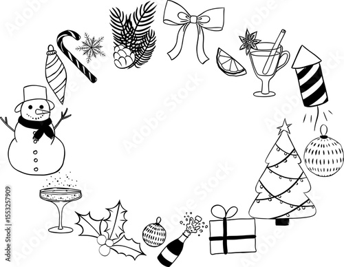 Christmas new year holiday objects, black and white symbols and items. Frame oval template. Vector graphic line ink illustration. Perfect for cards, decorations, stickers, logo, menu