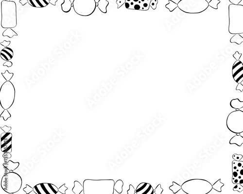 Candies sweets colored rectangle black and white Frame template. Vector graphic line ink illustration. Halloween Xmas border christmas and new year template. Design for package, cosmetic, textile