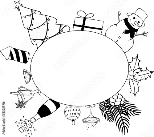 Happy New Year celebratory items black and white oval Frame template. Vector graphic line ink illustration. Holiday background. for package, holiday design, fabric and textile.