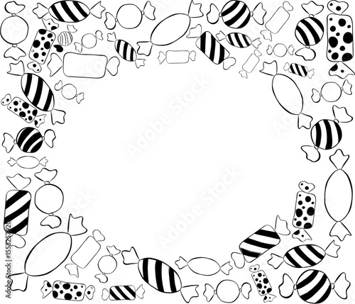 Candy shop lollipops colorful sweets black and white oval in rectangle Frame template. Vector graphic line ink illustration. For poster, flyer, banner, invitation, social media, party or sale