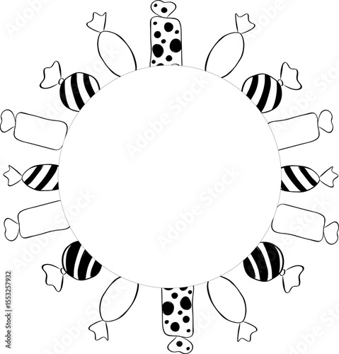 Candy sweets lollipop Frame circle round black and white template. Vector graphic line ink illustration. illustration for backgrounds, and textures, borders fashion graphics, textile prints.