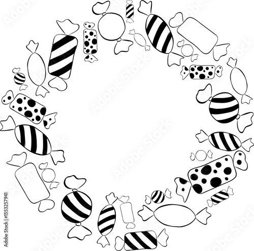 Candy sweets Frame circle round black and white template. Vector graphic line ink illustration for the text. card for the happy sweetest day and Halloween. For logo, web, package, sticker.