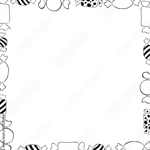Candies sweets colored Frame square black and white template. Vector graphic line ink illustration. Halloween Xmas border christmas and new year template. Design for package, cosmetic, textile, cards.