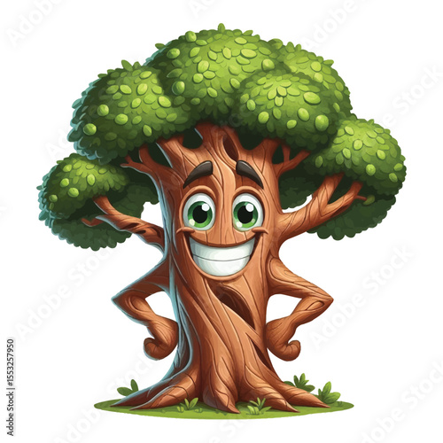 illustration cartoon of a funny cartoon tree, personified and very cute style, . A tree with a smiling face and a human-like posture