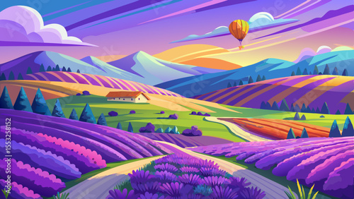 A vibrant lavender field in full bloom stretching across rolling hills under a clear blue sky. A colorful paraglider is soaring gracefully above the field, casting a soft shadow over the purple flower