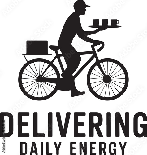 Black silhouette of cyclist delivering coffee cups and package on bicycle delivery