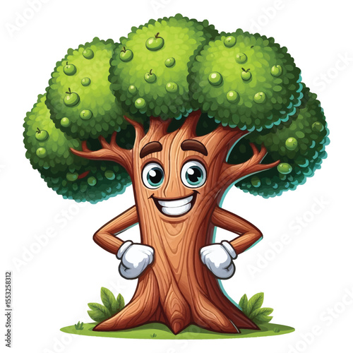 illustration cartoon of a funny cartoon tree, personified and very cute style, . A tree with a smiling face and a human-like posture