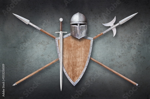 helmet shield sword and two crossed lances on grunge background