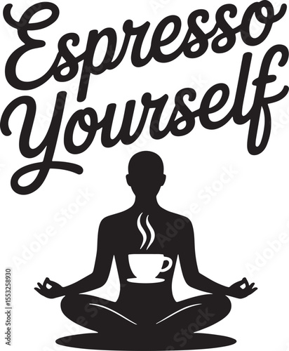 Black silhouette of person meditating with coffee cup and steam espresso meditation