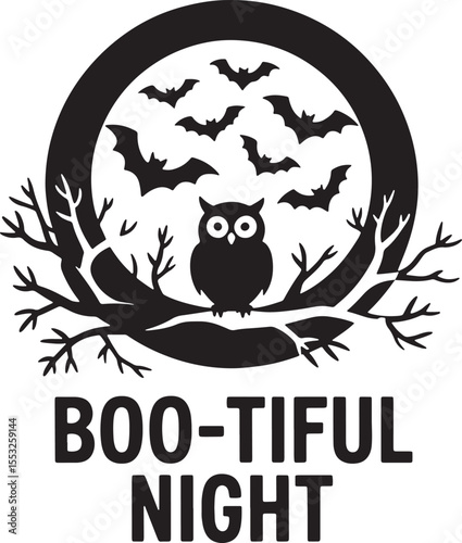 Black silhouette owl on tree branch with bats and moon halloween night