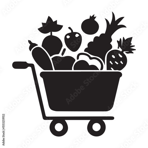 Shopping Cart Filled with Vegetables Silhouette Vector Illustration on White Background