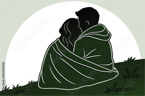 Romantic couple embracing warmly under a cozy blanket silhouette
