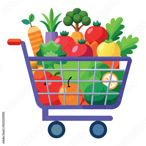 Shopping Cart Filled with Colorful Fresh Vegetables Vector Illustration on White Background